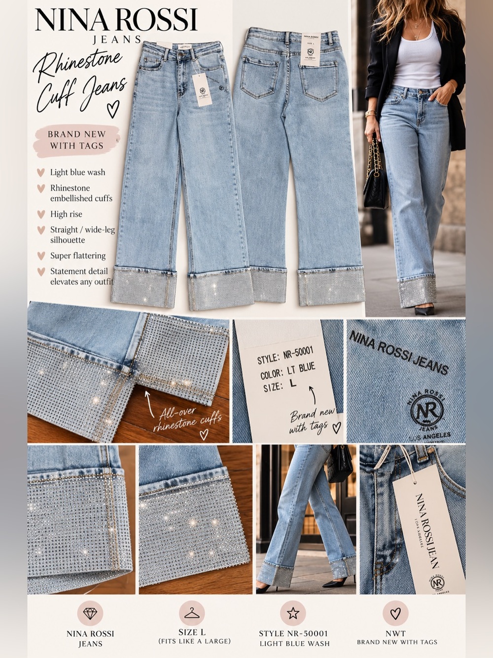 💎👖NWT Nina Rossi 💎💎Crystal💎💎 Rhinestone Cuff Wide Leg Jeans – Size L ✨